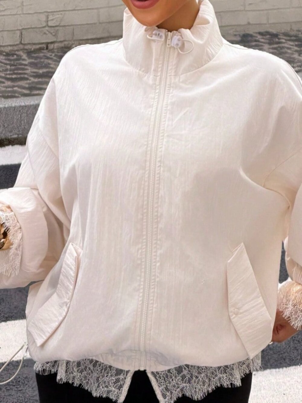 Apricot Casual Women's Lace Trim Bomber Jacket